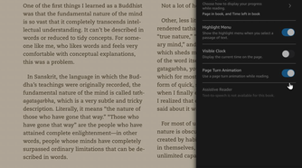 Page Turn Animation toggle switched on in Kindle app settings.