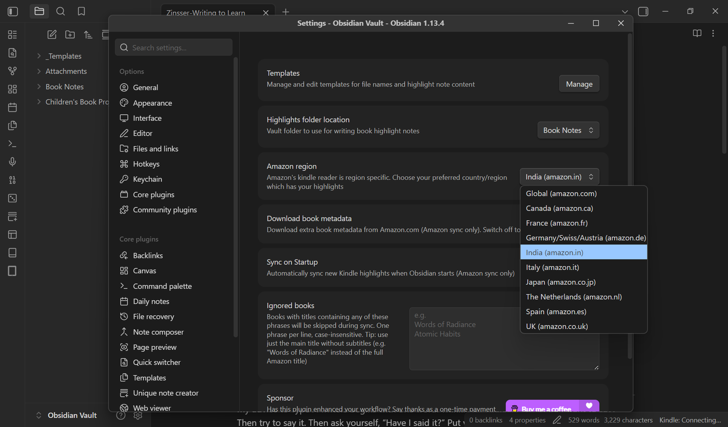 Amazon region dropdown in the Kindle Highlights plugin settings.