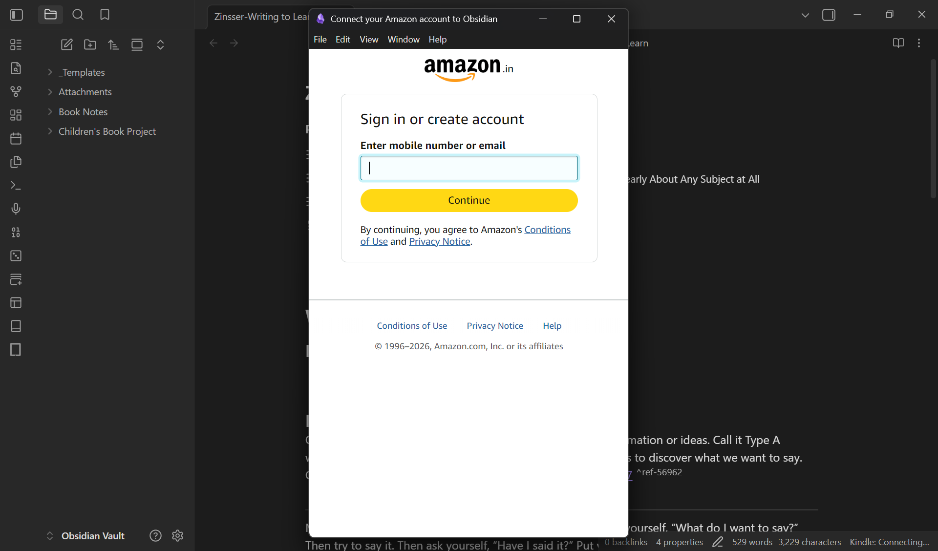 Amazon sign-in prompt inside the Kindle Highlights plugin settings.