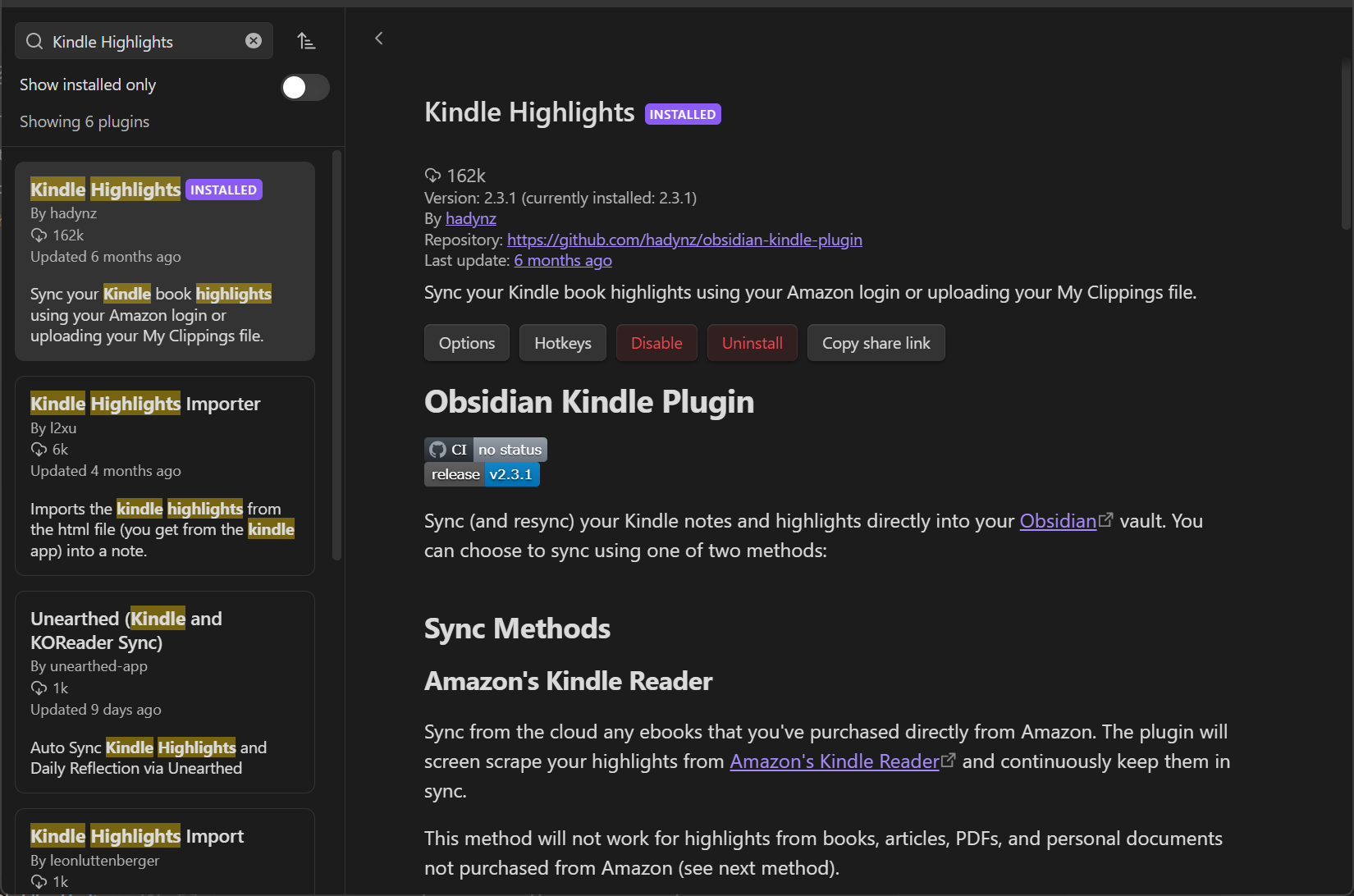 Kindle Highlights plugin listed in Obsidian's Community Plugins browser.