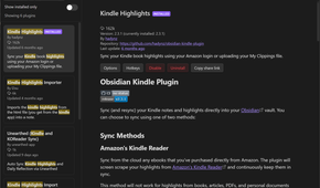 Kindle Highlights plugin listed in Obsidian's Community Plugins browser.