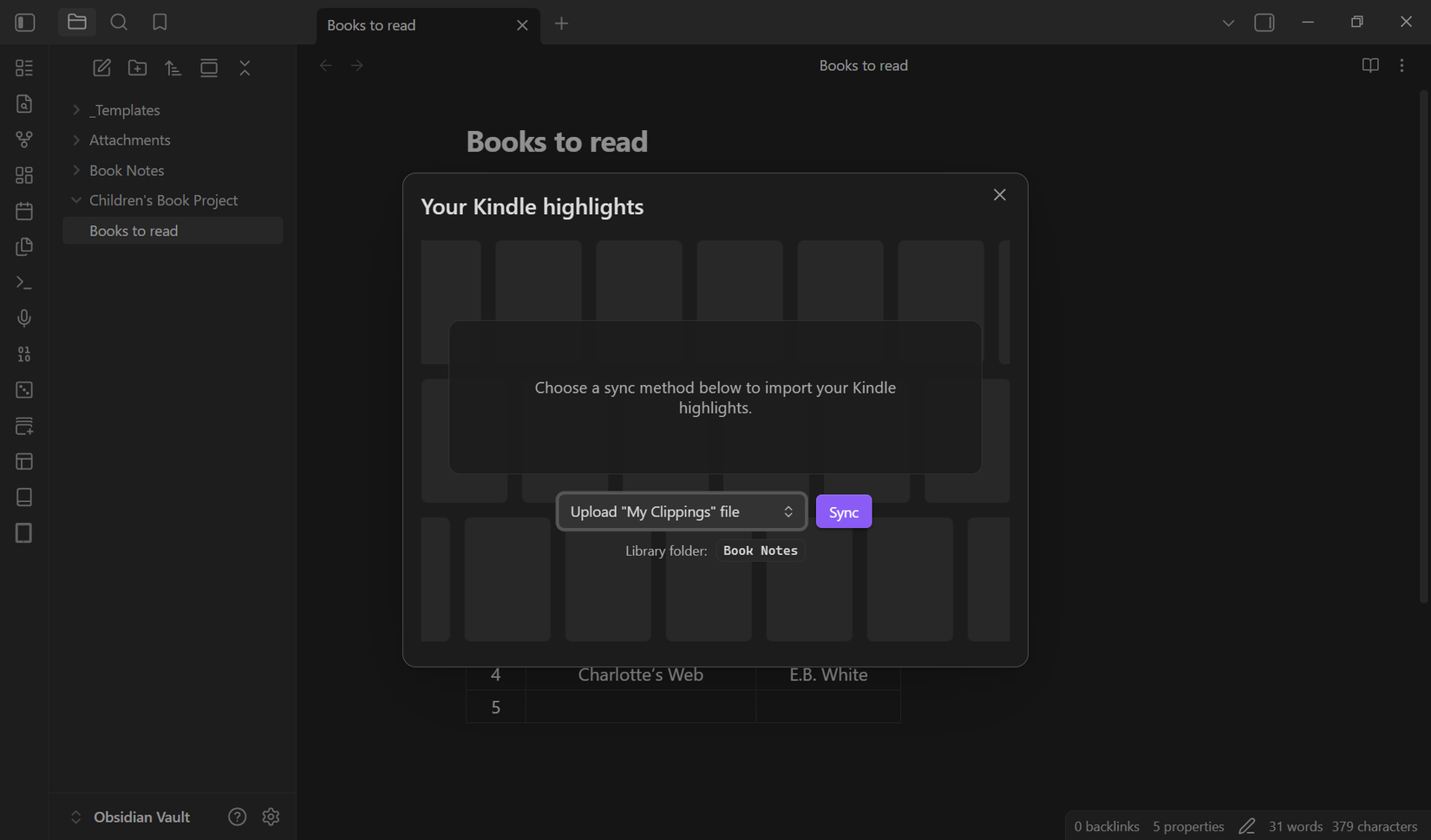 Uploading the My Clippings.txt file into Obsidian.