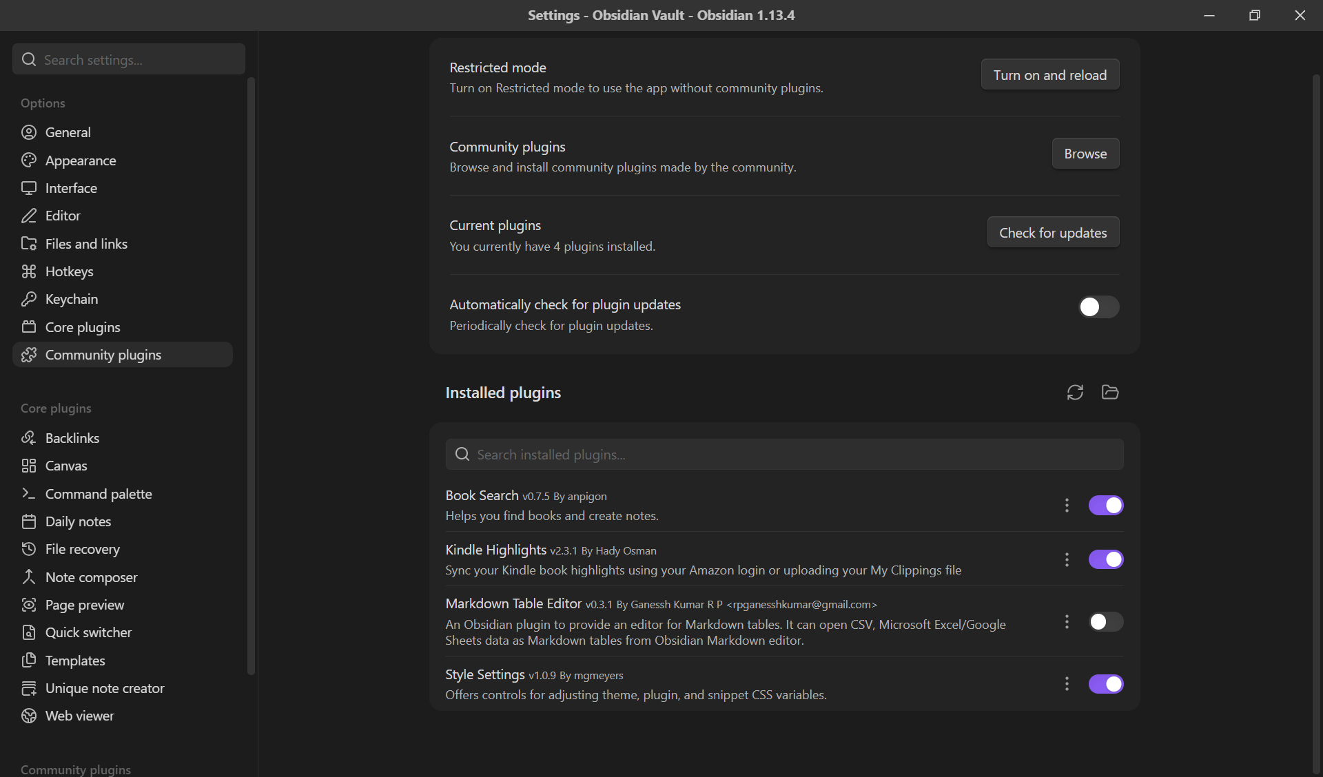 Kindle Highlights plugin toggled on in Obsidian's installed plugins list.