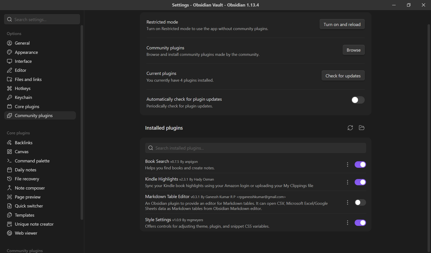 Kindle Highlights plugin toggled on in Obsidian's installed plugins list.