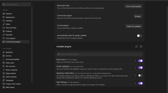Kindle Highlights plugin toggled on in Obsidian's installed plugins list.