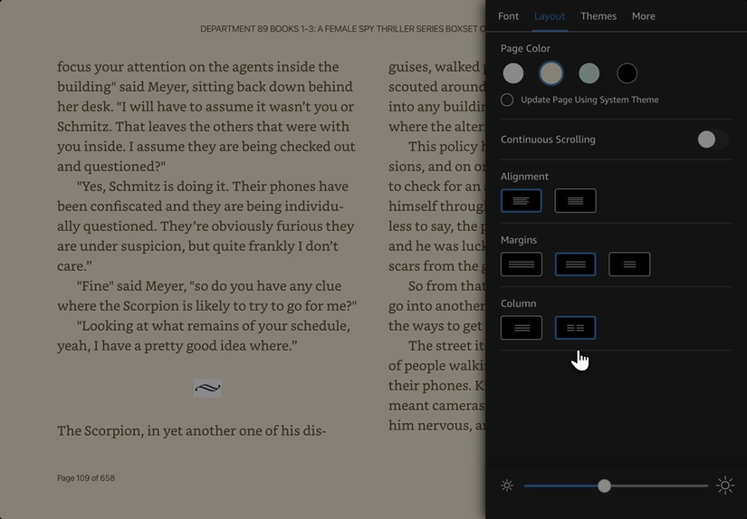 iPad in landscape mode showing a Kindle book displayed in two-column layout.
