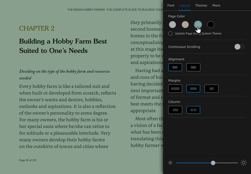 Kindle app Page Color menu with White, Sepia, Light Green, and Black options visible.
