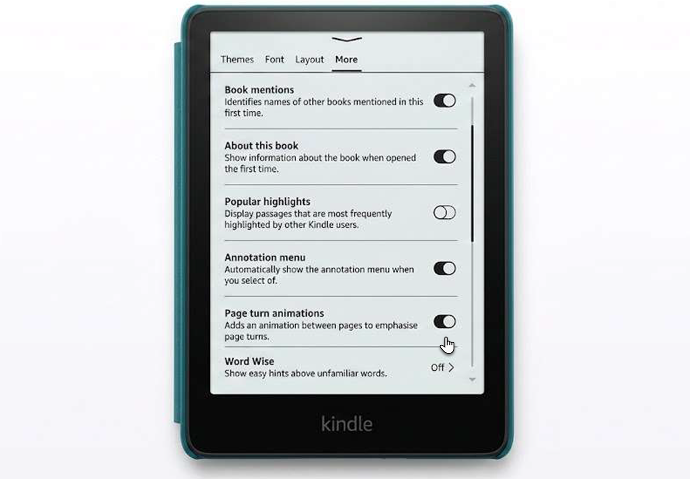 Kindle Paperwhite with Page Turn Animation toggle.