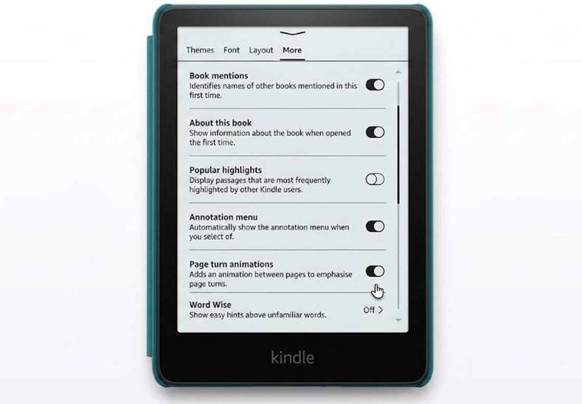 Kindle Paperwhite with Page Turn Animation toggle.