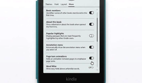 Kindle Paperwhite with Page Turn Animation toggle.