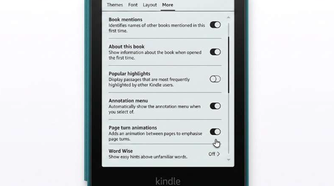 Kindle Paperwhite with Page Turn Animation toggle.
