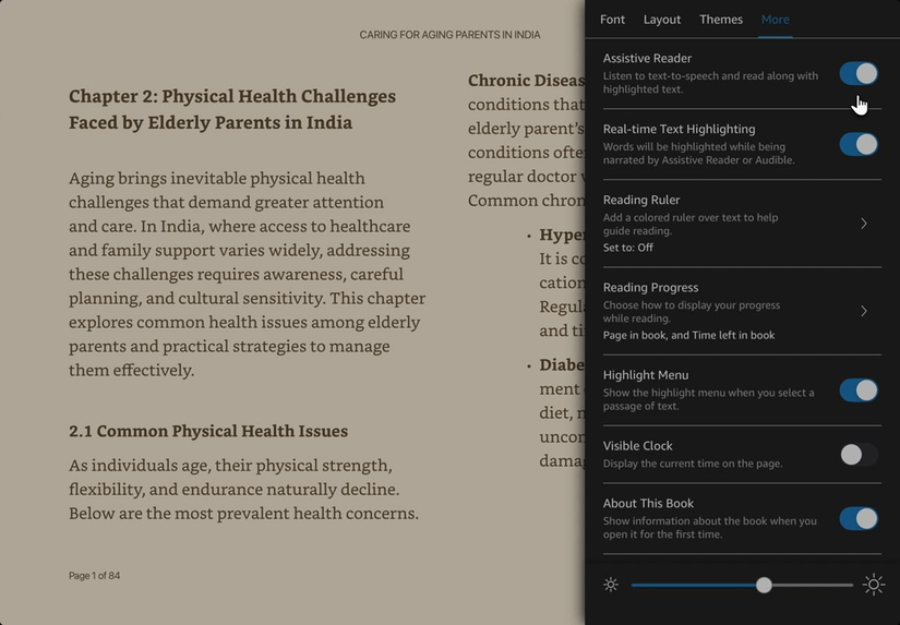 Kindle page showing the settings for Assistive Reader narration.