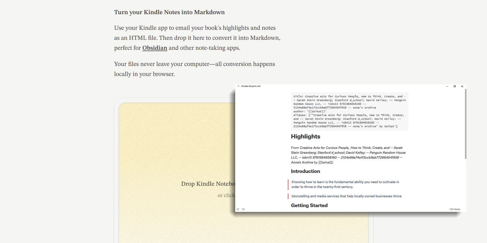 kindle2md website converting an exported Kindle HTML file into Markdown.