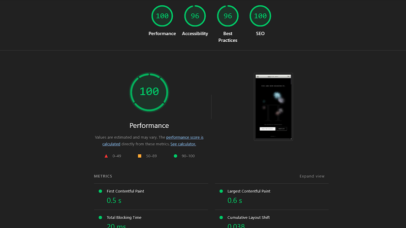Lighthouse report showing perfect performance and SEO scores