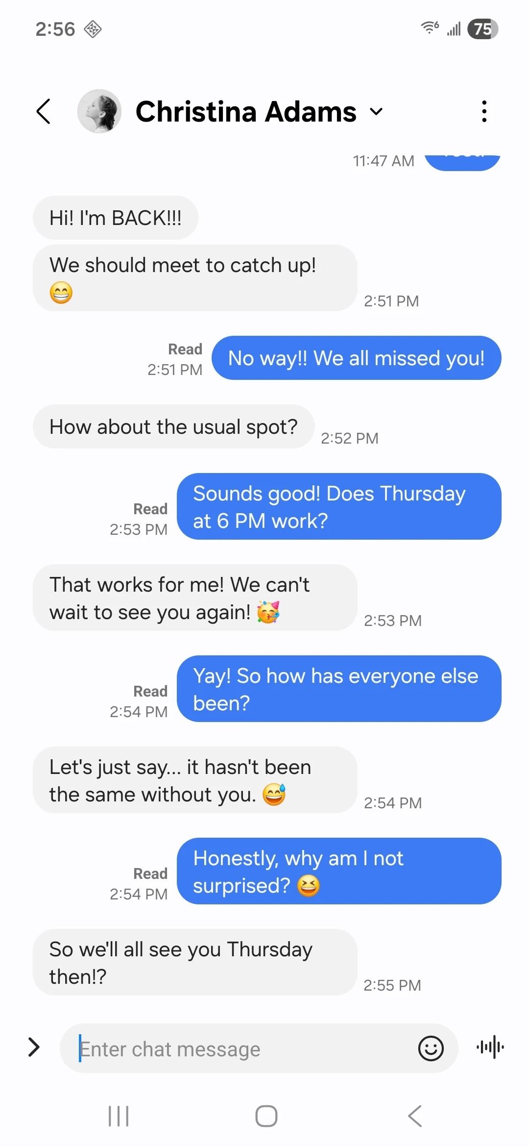 Messages conversation arranging a Thursday meetup