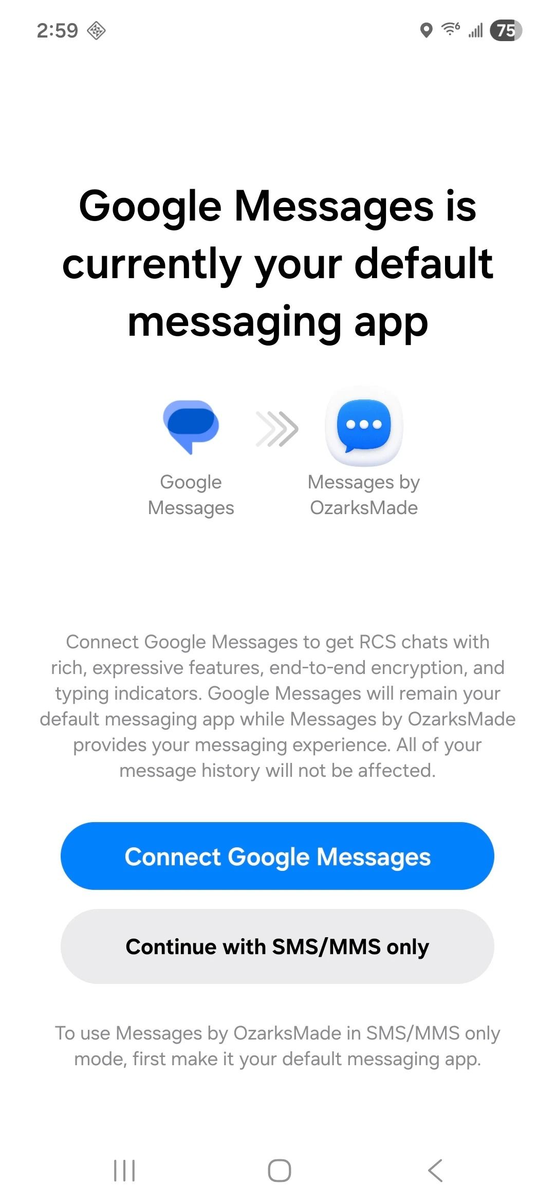 Messages setup screen offering Google Messages RCS integration