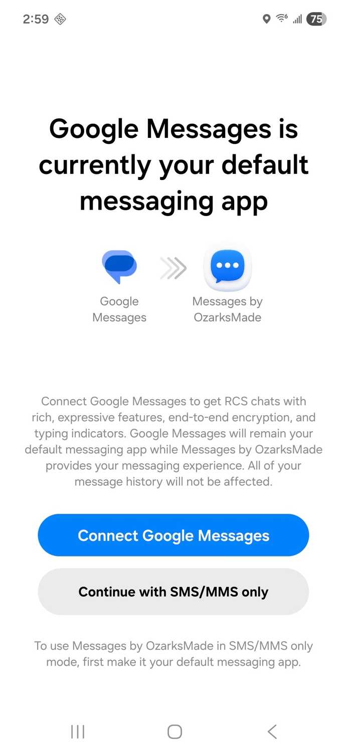 Messages setup screen offering Google Messages RCS integration