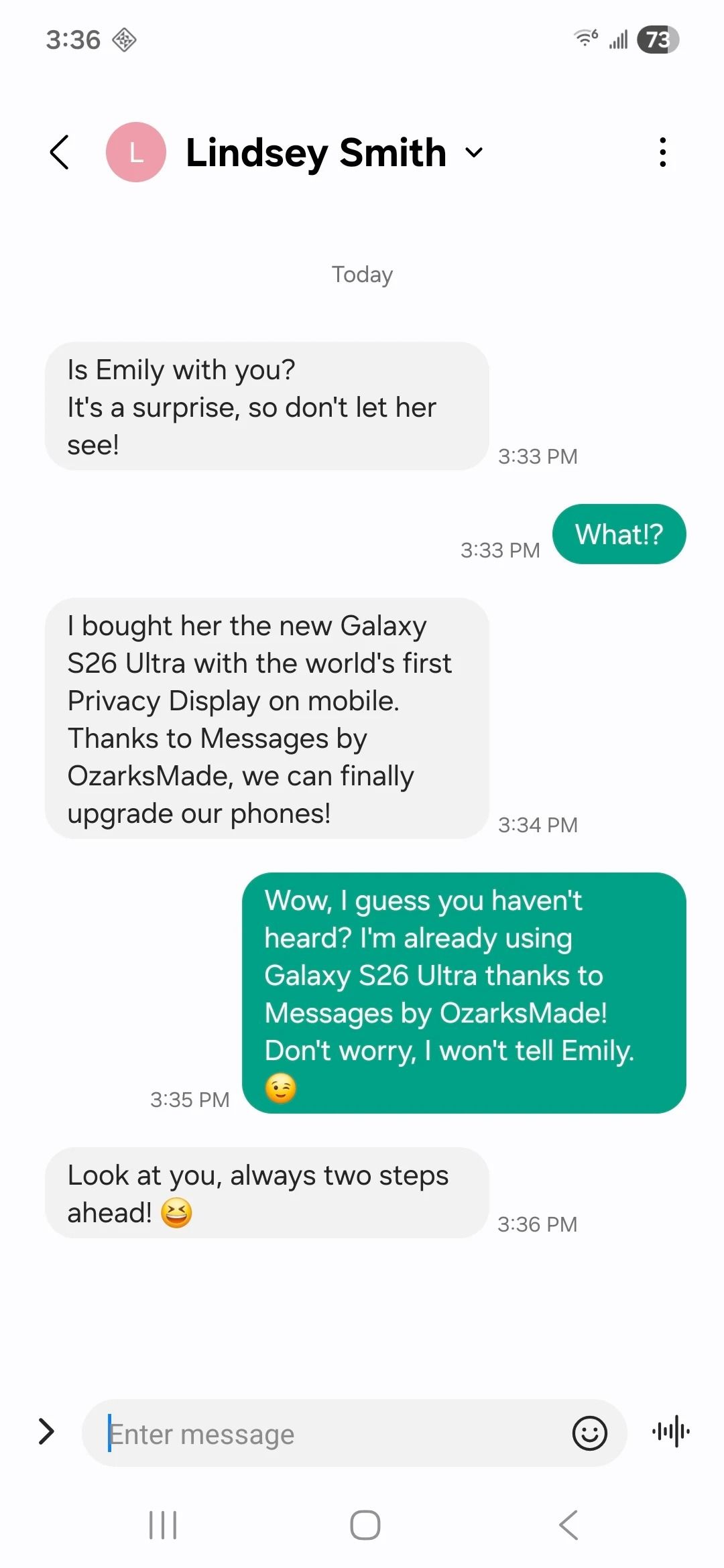 Messages by OzarksMade conversation discussing a Galaxy S26 Ultra surprise