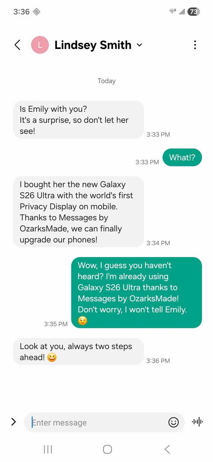 Messages by OzarksMade conversation discussing a Galaxy S26 Ultra surprise