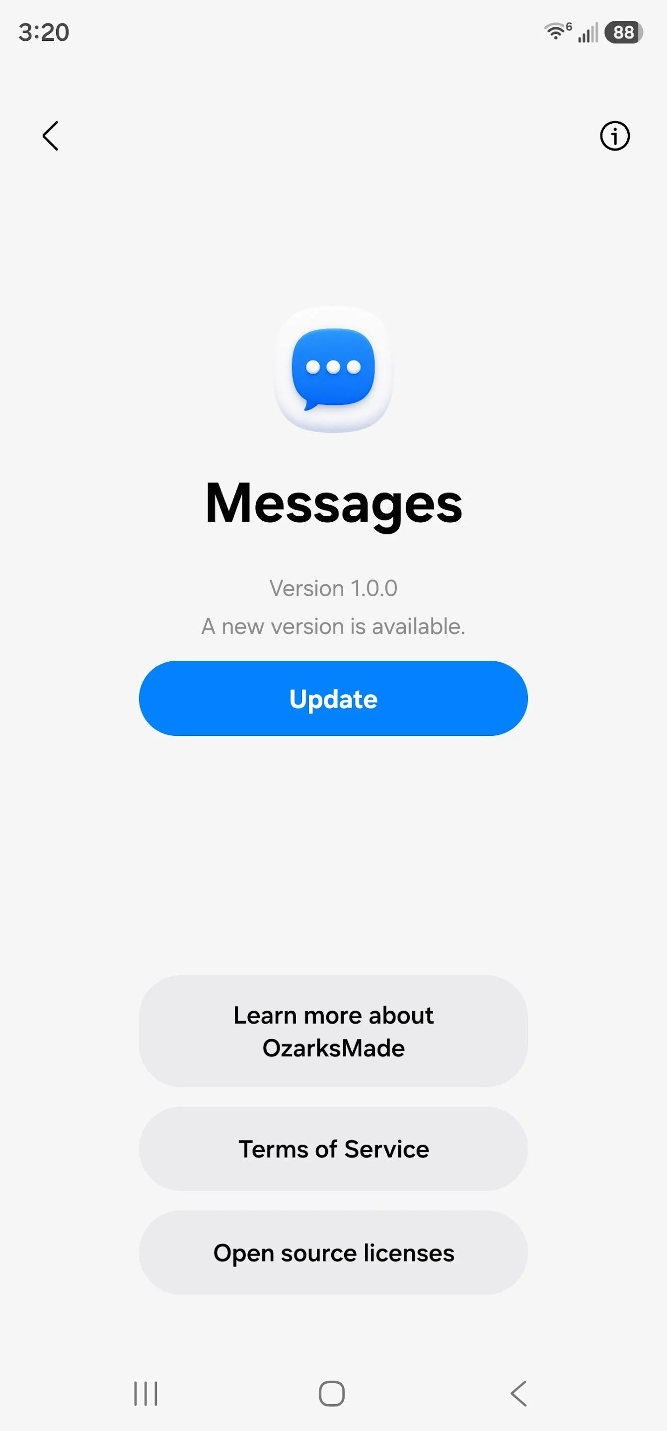 Messages app update screen with an “Update” button