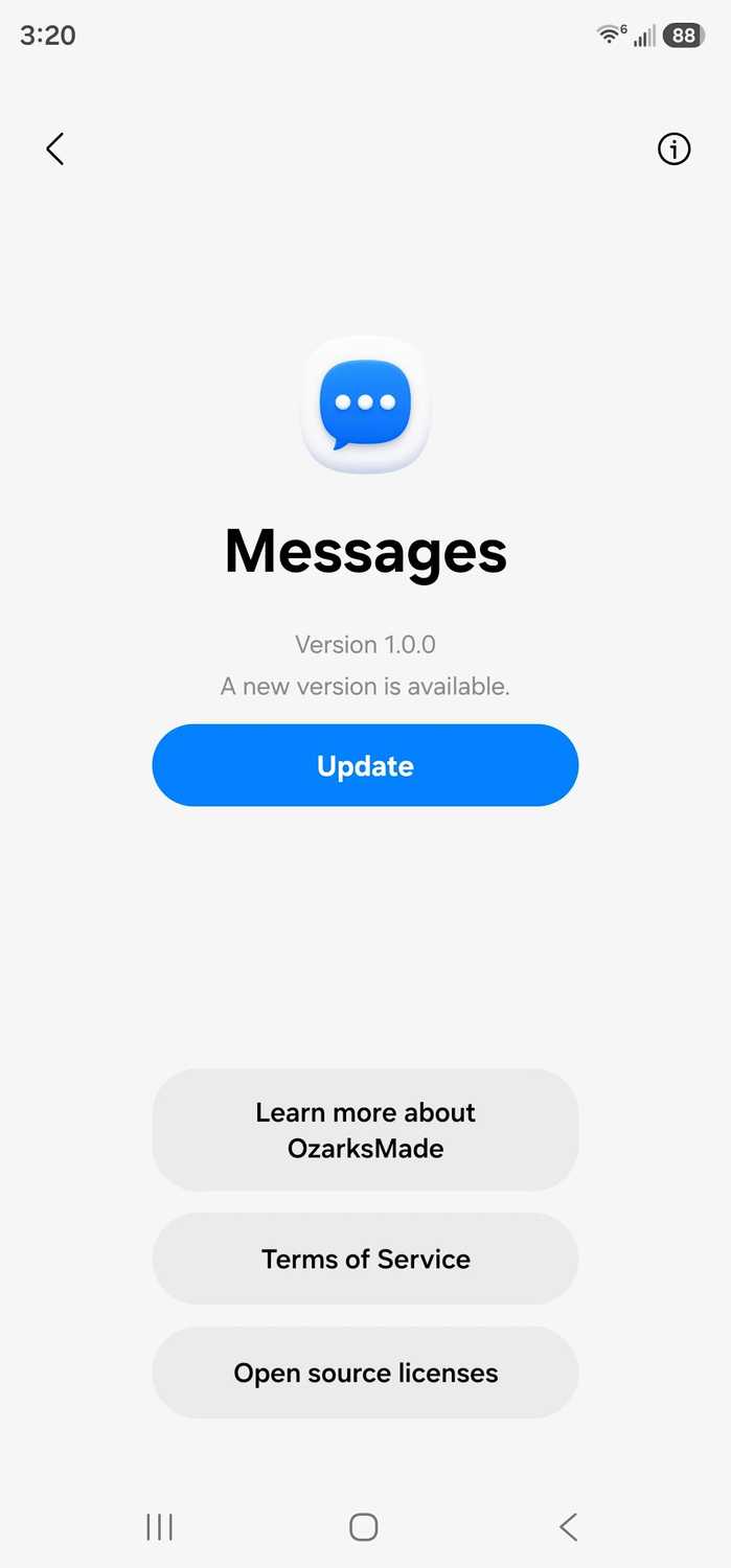 Messages app update screen with an “Update” button