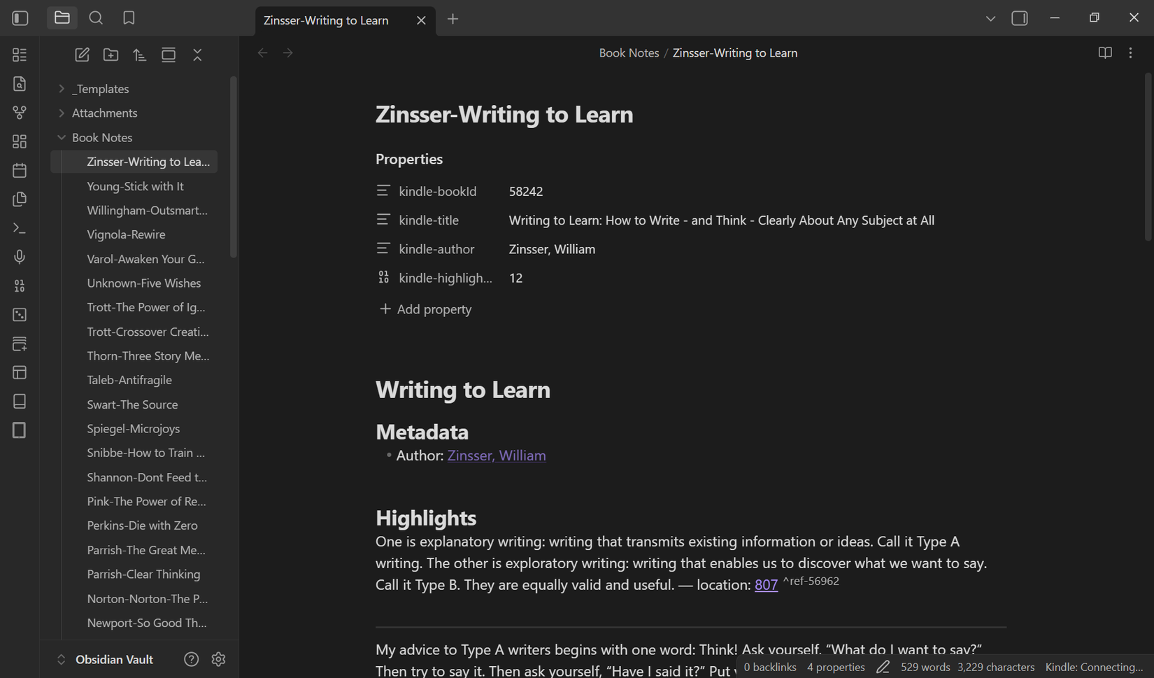 A My Clippings.txt highlight imported into Obsidian with the default plugin settings.