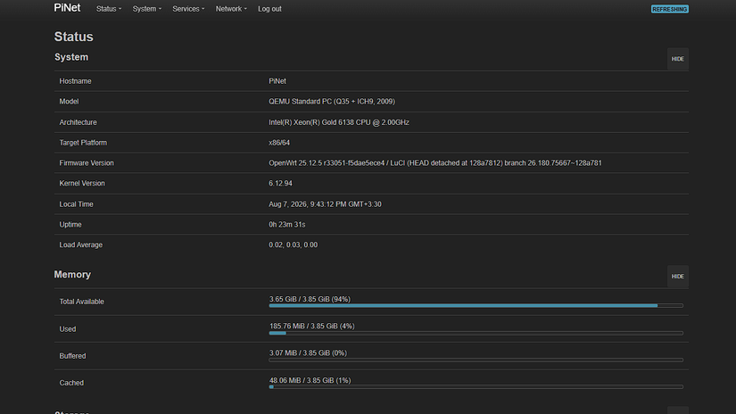 OpenWrt router status page showing system and memory info
