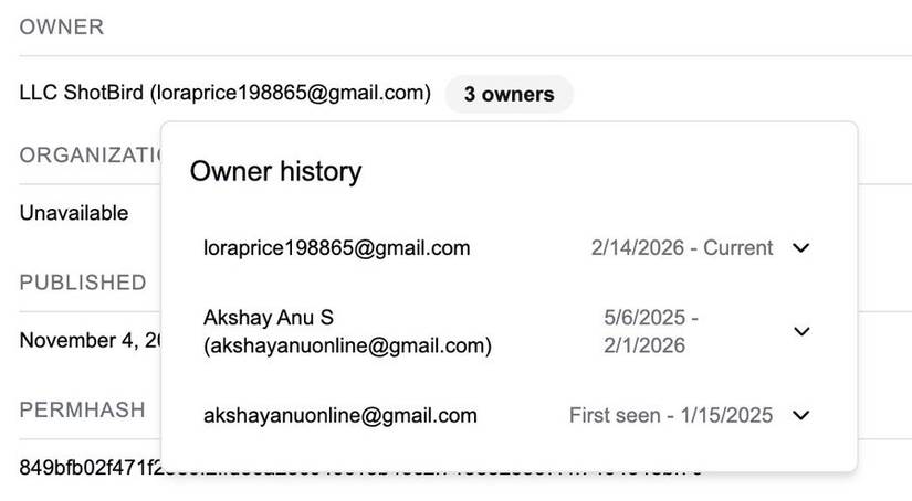 Popup displaying owner history and email addresses