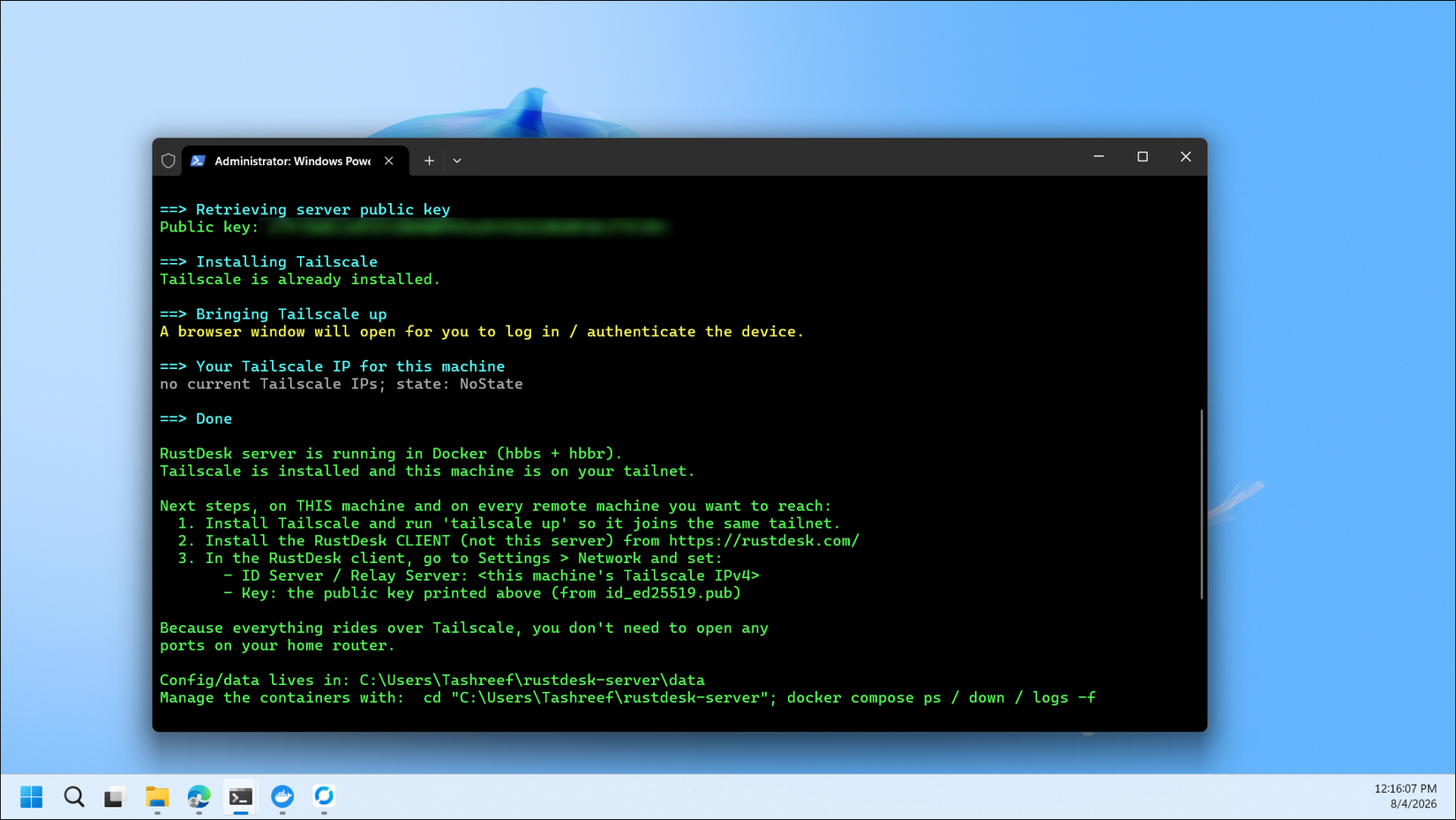 RustDesk server installation output Windows PowerShell terminal