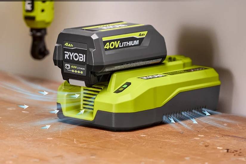 Ryobi Dual Platform charger 40v battery showing active cooling