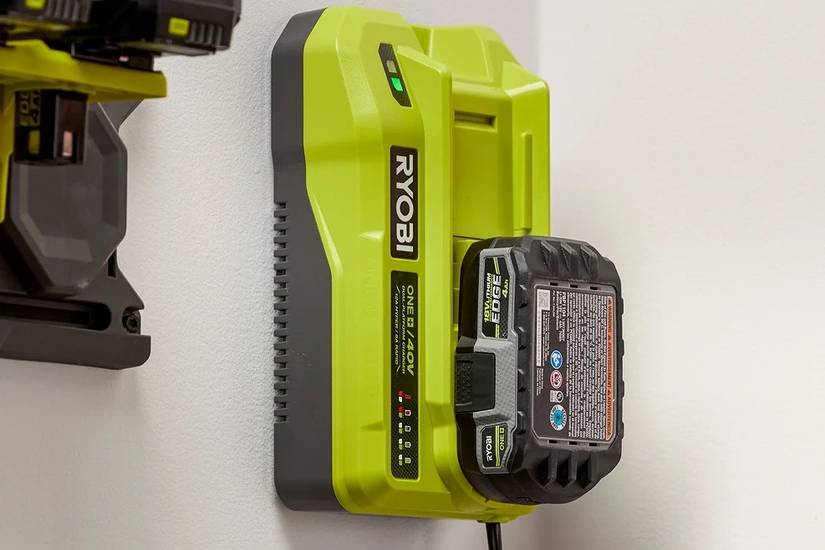 Ryobi Dual Platform charger with 18v battery on wall