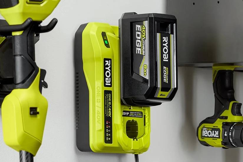 Ryobi Dual Platform charger with 40v edge battery on wall