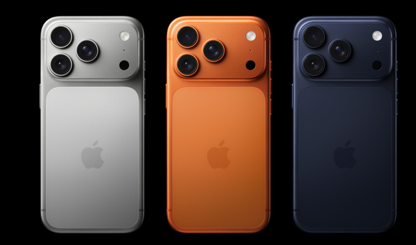 iPhone 17 Pro models in grey, orange, and blue