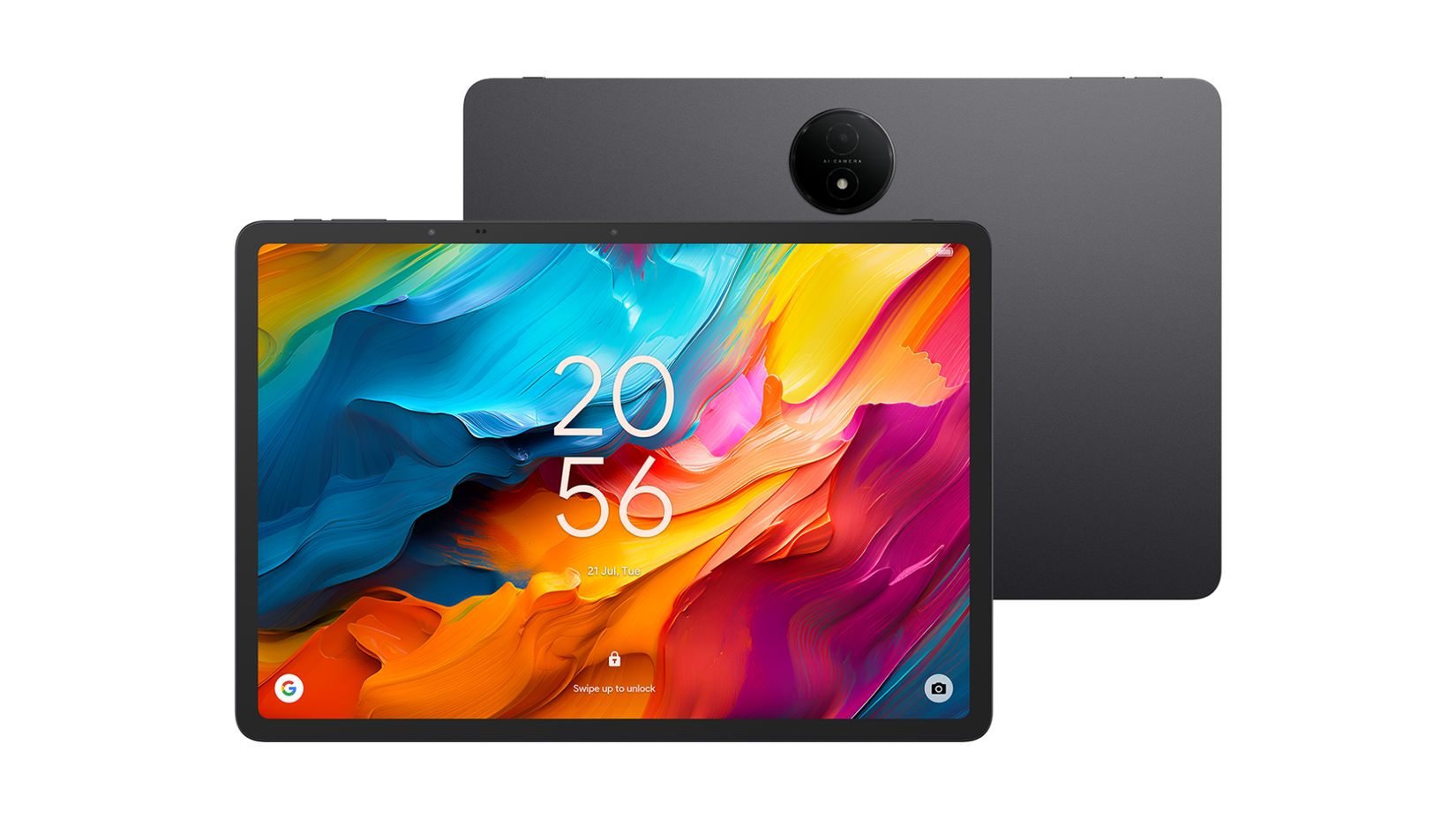 Front and back view of a TCL NXTPAPER tablet showing its colorful abstract lock screen and dark gray back casing with a round camera module.