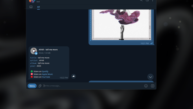 Telegram bot chat sharing a music track and an artistic image