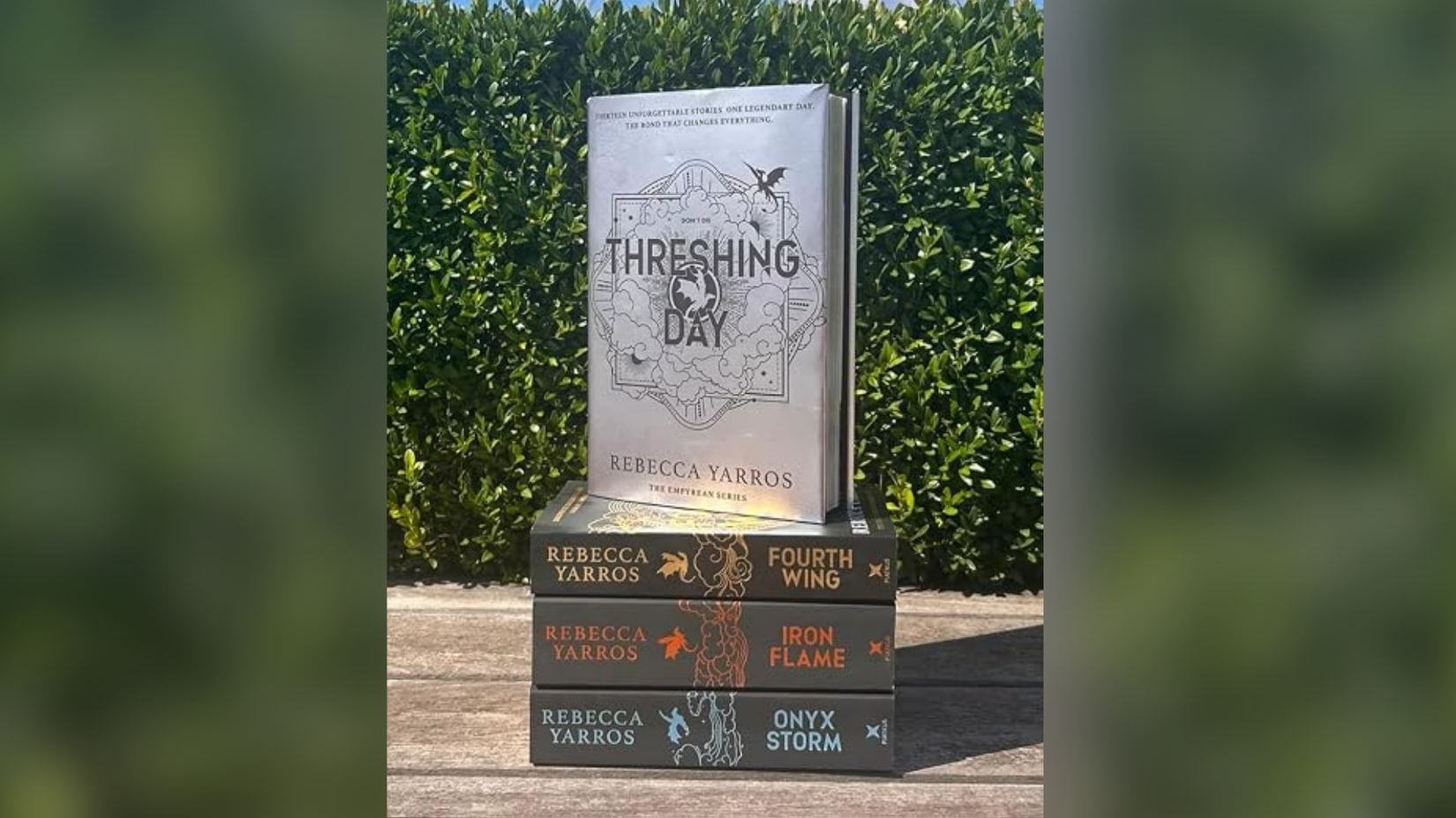 Threshing Day—the upcoming novella/collection set in The Empyrean universe by Rebecca Yarros (positioning as Book 3.5)—stacked alongside the main series entries: Fourth Wing, Iron Flame, and Onyx Storm.