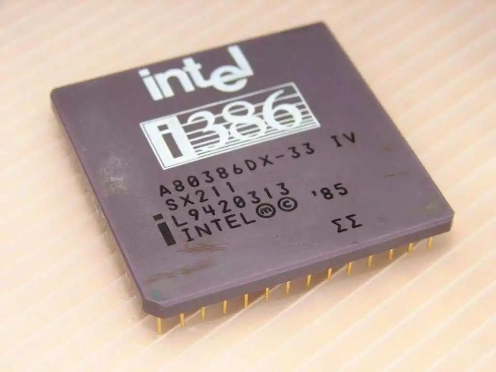 Vintage Intel i386 microchip processor close up
