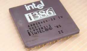 Vintage Intel i386 microchip processor close up