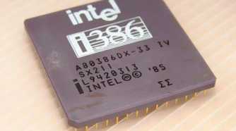 Vintage Intel i386 microchip processor close up