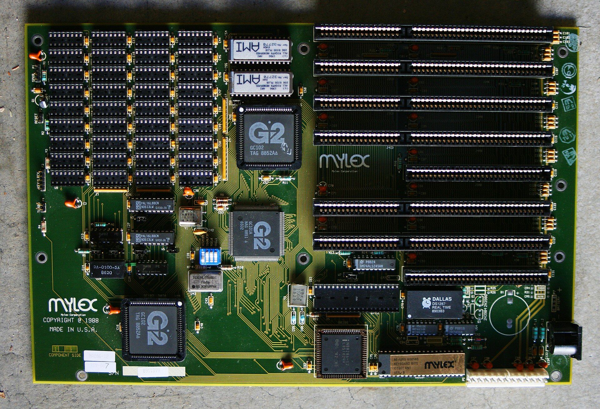 Vintage Mylex 80286 computer motherboard with expansion slots.