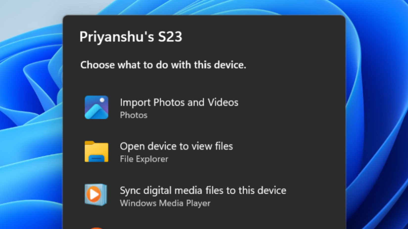 Windows autoplay popup dialog for a connected Samsung S23 smartphone giving options to import media or view files