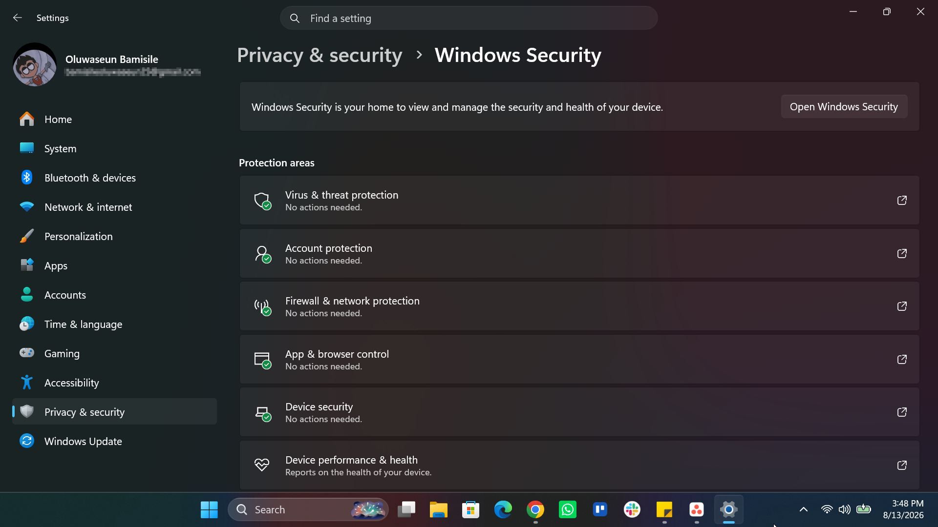 Windows Security Page in Settings