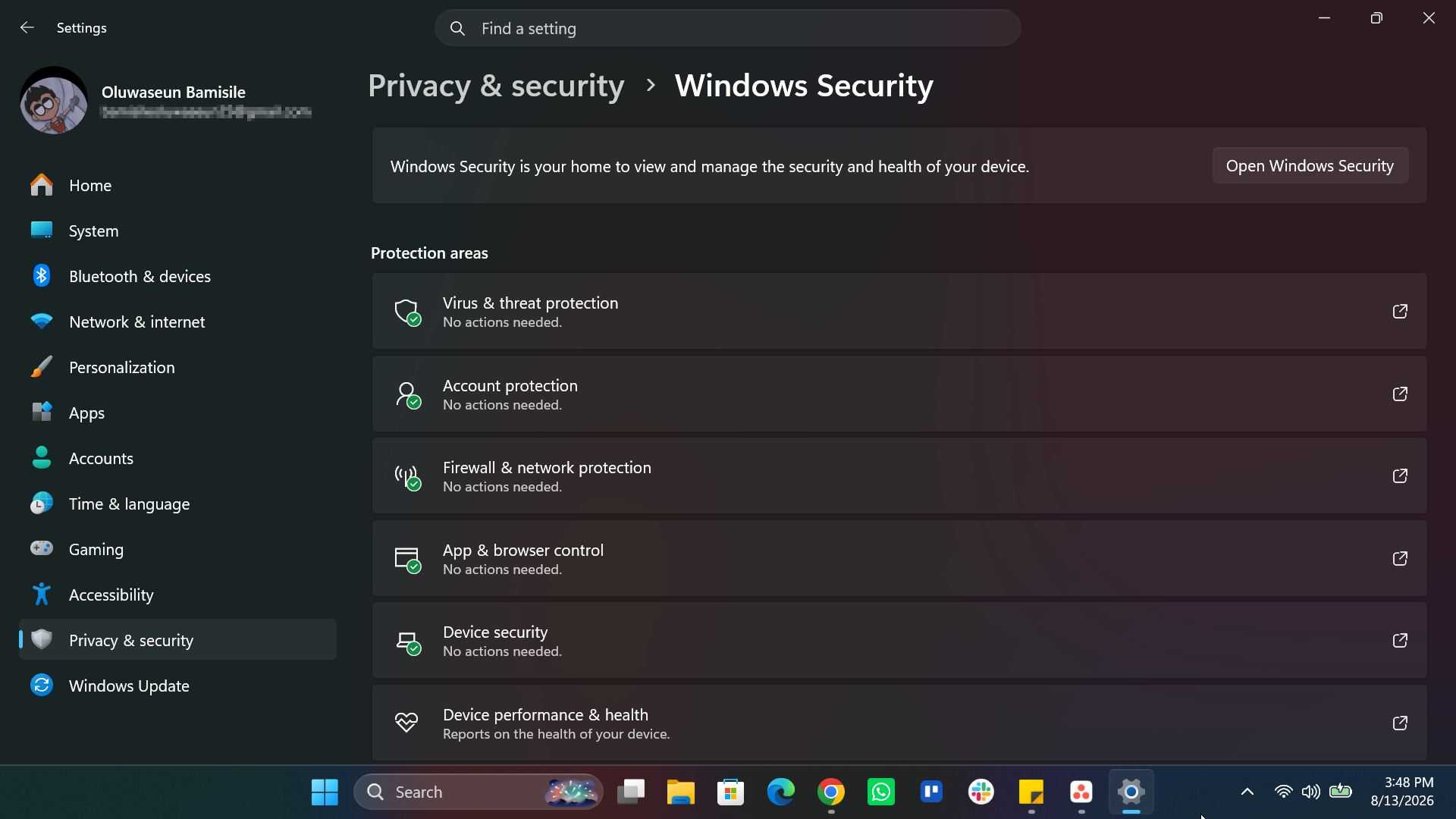 Windows Security Page in Settings