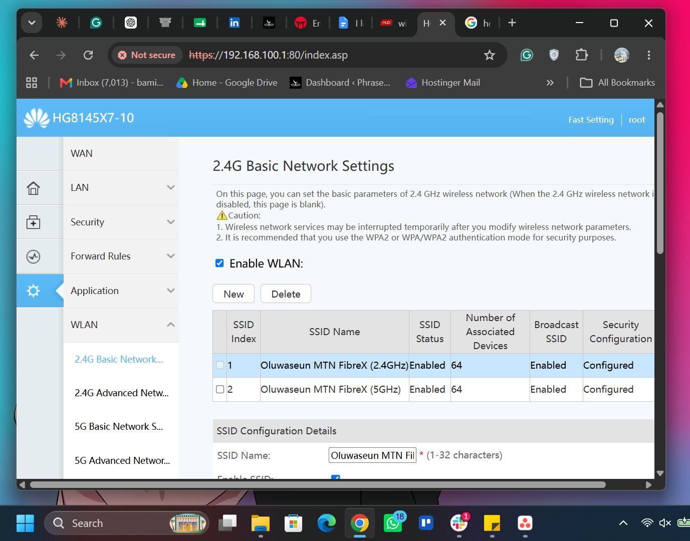 WLAN settings page of a router interface