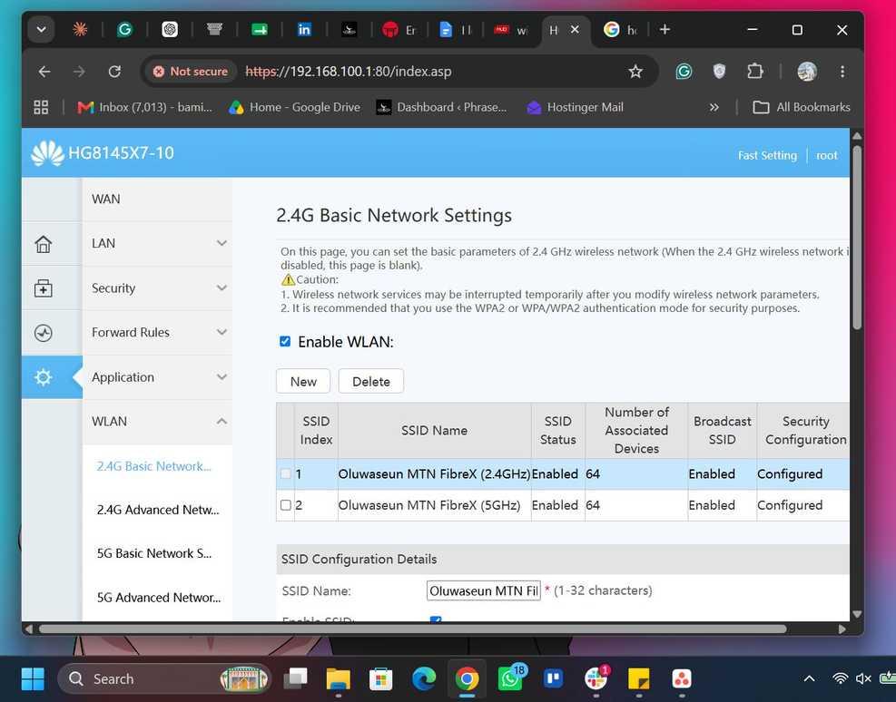 WLAN settings page of a router interface