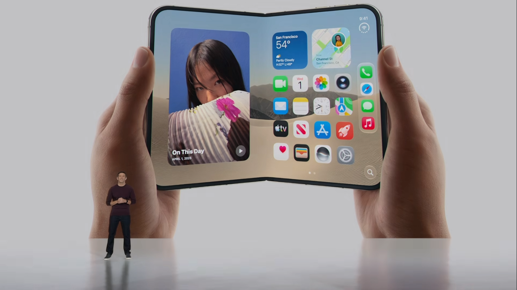 iPhone Duo render in the hands as shown during the Apple Surprise and Shine iPhone Duo launch keynote on September 9, 2026
