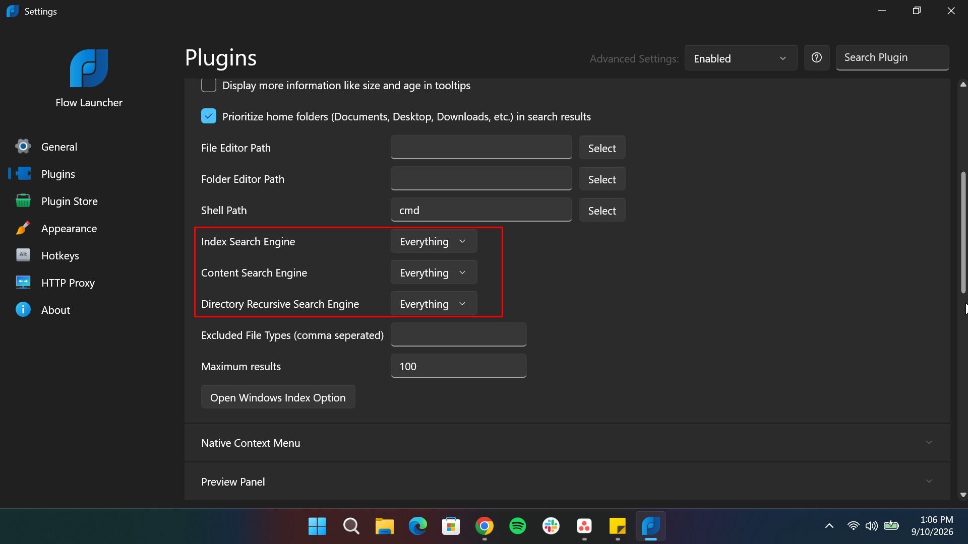 Changing file index to Everything in Flow Launcher Setting