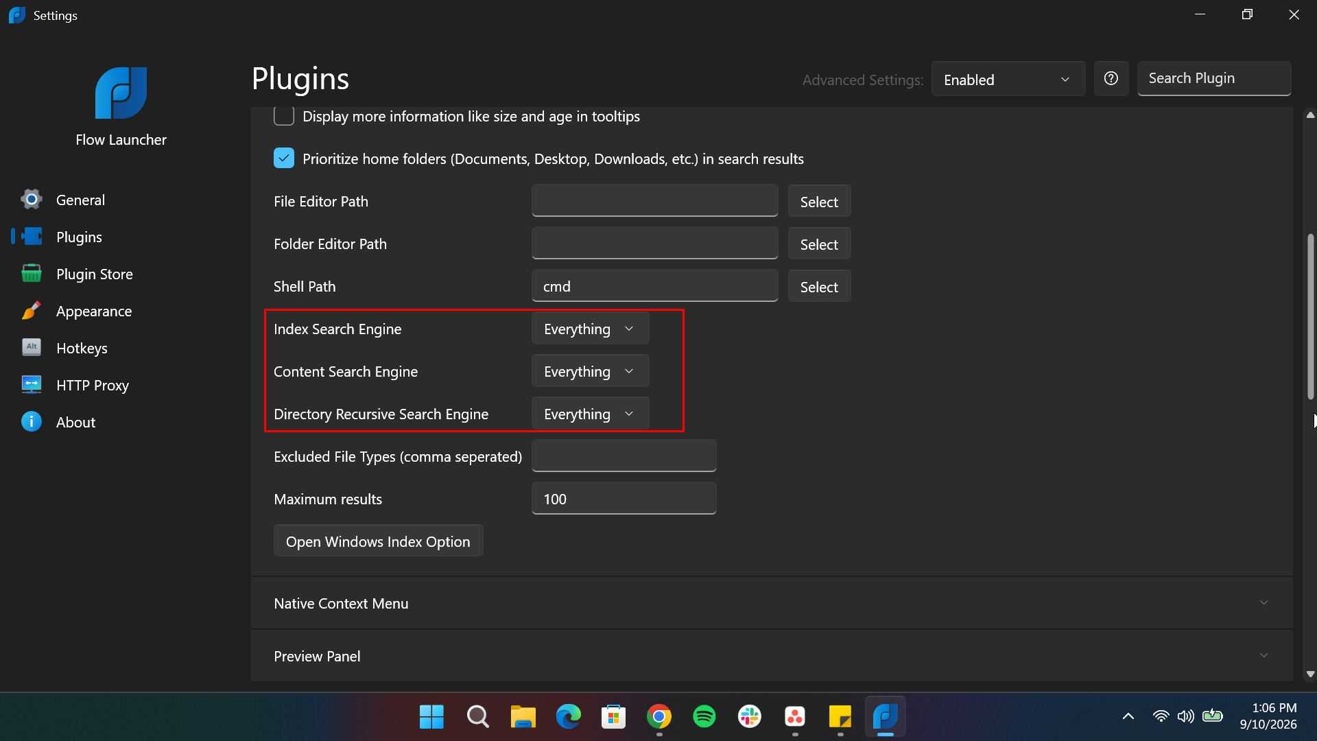 Changing file index to Everything in Flow Launcher Setting