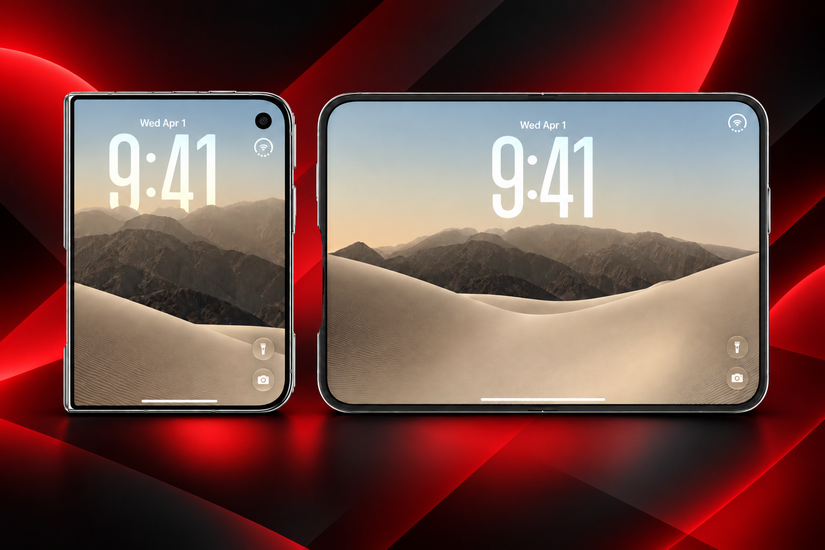 Apple iPhone Duo open and close on a red banner background.