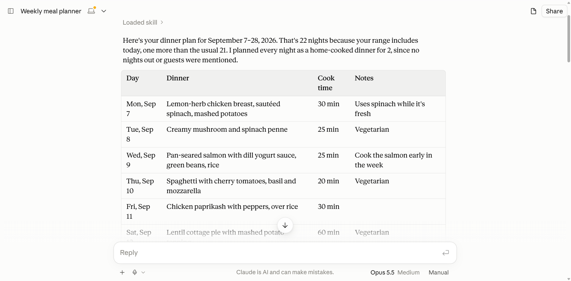 Claude meal plan for three weeks created with the skil.